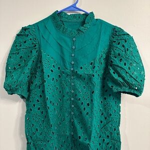 Green Eyelet Puff Sleeve Blouse